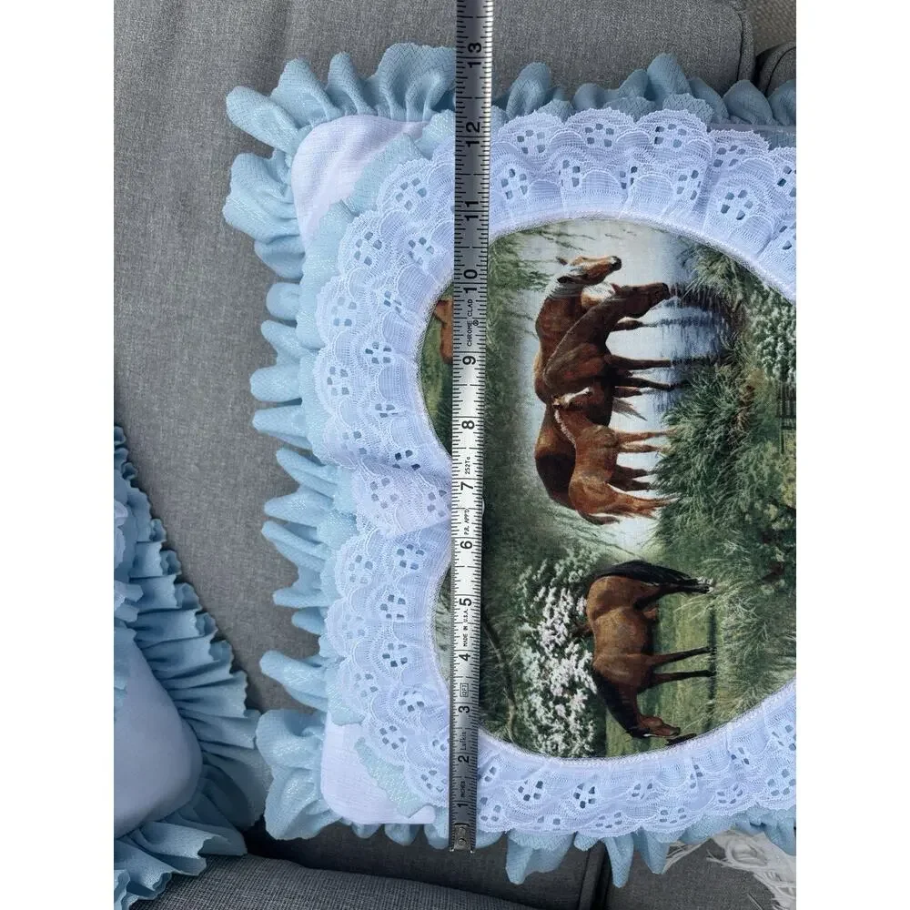 2 Vintage Ruffled Horse Throw Pillows Equestrian Pony Western 12